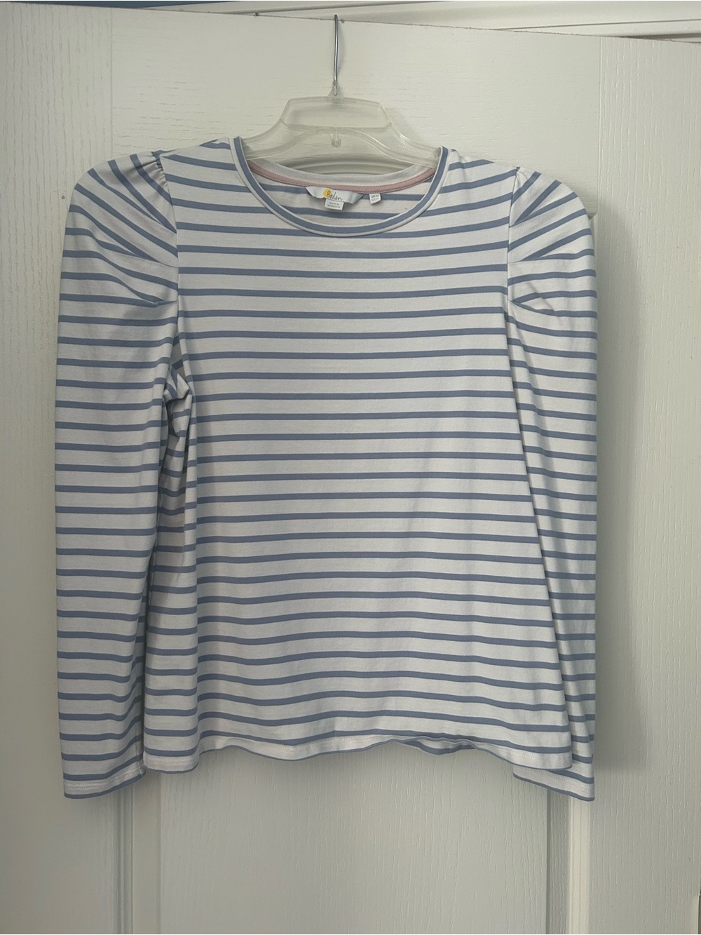 Boden long sleeve Tshirt with pouf shoulders, blue/cream striped, 12